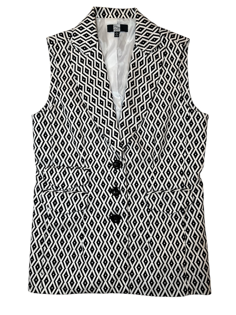 Saks Fifth Avenue Black & White Diamond-Pattern Sleeveless Blazer Vest